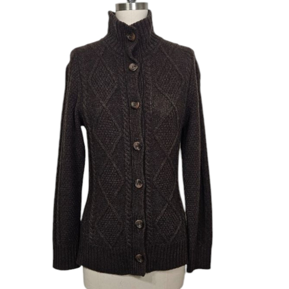 L.L. Bean Heritage Wool Blend Mockneck Fisherman Cardigan in Brown Size XS - Picture 1 of 11